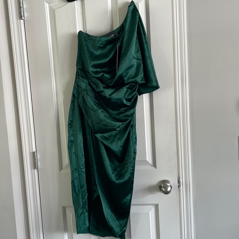 RED DRESS: make a toast dark green one shoulder dress. NWT